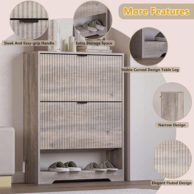 BORNOON Shoe Cabinet with 2 Flip Drawers, Fluted Shoe Storage Cabinet with Adjustable Shelves, Freestanding Rack and Organizer for Entryway, Closet, Hallway