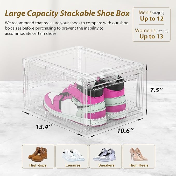 10 Pack Thickened Clear Stackable Shoe Organizer Storage Boxes with Magnetic Door, Sneaker Display Cases for Closet, Entryway & Under Bed Storage, Space Saving Shoe Storage Solution, White
