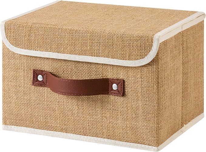 Storage Bins Box with Lids Decorative Natural Jute Fabric Baskets | Foldable Washable Stackable Lidded Clothing Container, Shelf Closet Organizer, w/ PU Leather Handles & PP Boards, Small