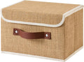 Storage Bins Box with Lids Decorative Natural Jute Fabric Baskets | Foldable Washable Stackable Lidded Clothing Container, Shelf Closet Organizer, w/ PU Leather Handles & PP Boards, Small
