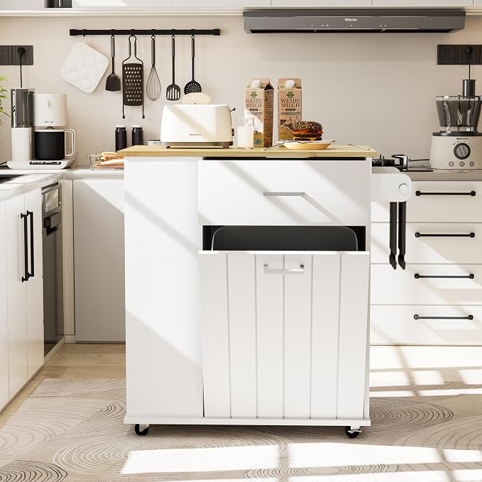 HQZX Rolling Kitchen Island with Trash Can Storage, Portable Kitchen Island on Wheels with Towel Rack & Spice Rack, Tilt Out Trash Can Cabinet with Drawer, Mobile Island Cart (White)