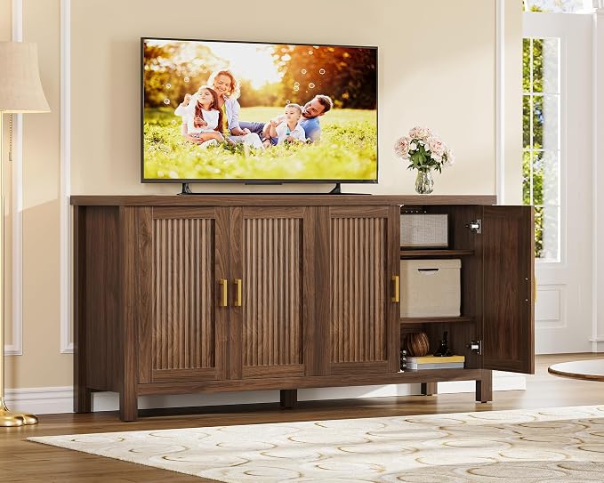 usikey Buffet Cabinet with Storage, 55" Fluted Sideboard Cabinet with 4 Adjustable Shelves, Modern Coffee Bar with 4 Doors, Coffee Bar Cabinet for Kitchen, Walnut