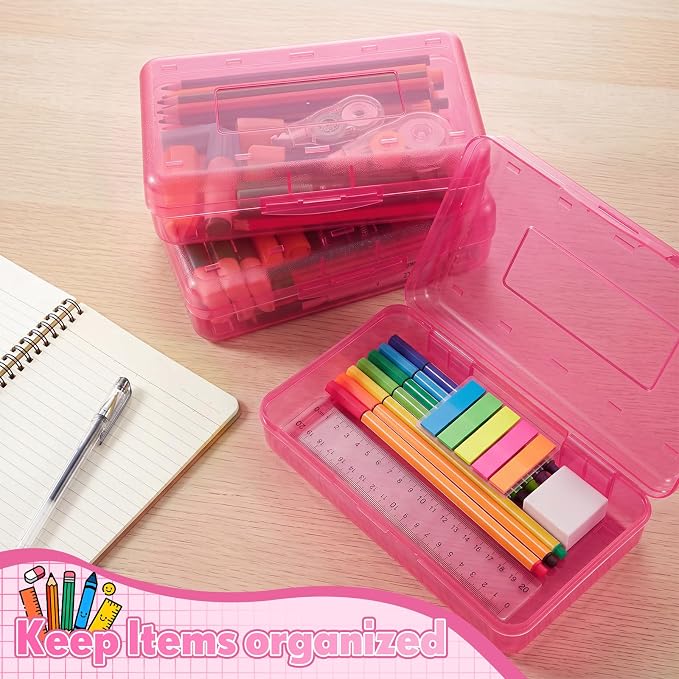 Blulu 6 Pack Large Plastic Pencil Case Box Clear Pencil Boxes Bulk Hard Crayon Box Storage with Snap Lids 8.1 x 4.7 x 2.2 Inch Painting Organizer Classroom Stationery School Supplies (Pink)