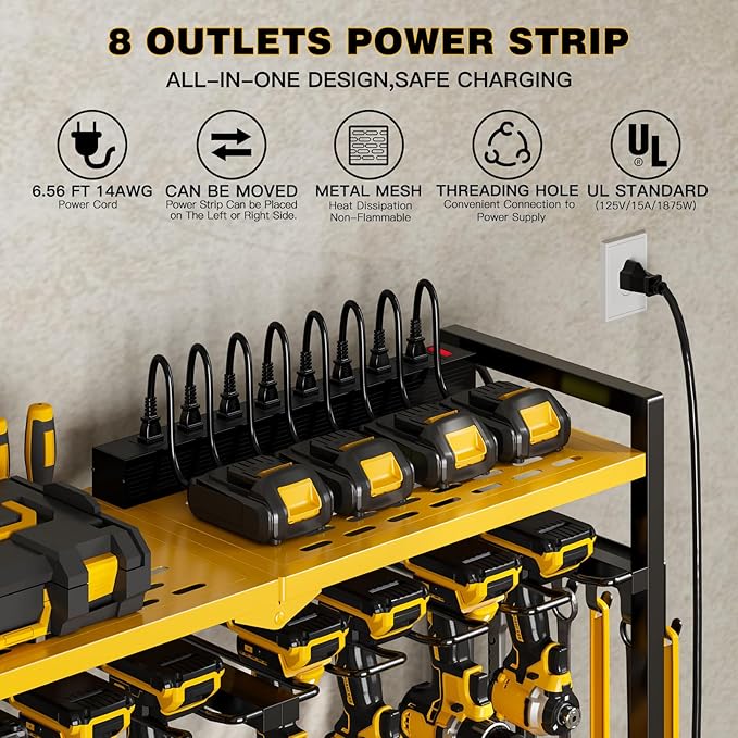 NattyDot Power Tool Organizer Cart with Charging Station, 8 Drills, Yellow | Freestanding Power Tool Cart Holds 8 Drills; Charging Station Powers Batteries while Sturdy Shelves Organize Garage Gear