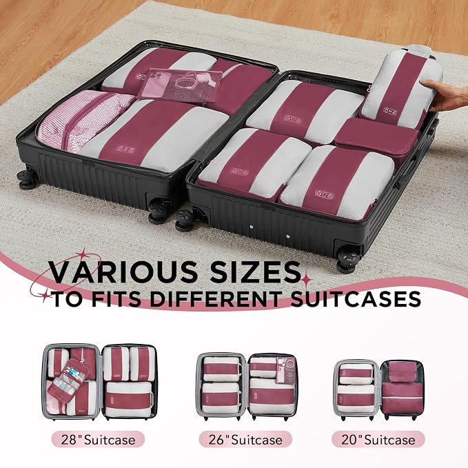 OlarHike 10 Set Compression Packing Cubes for Travel Essentials,Compressible Expandable Space Saver Bags for Organizing Clothes,Luggage Suitcase Garment Bags with Over 1000 pcs Mesh Holes(Wine Red)