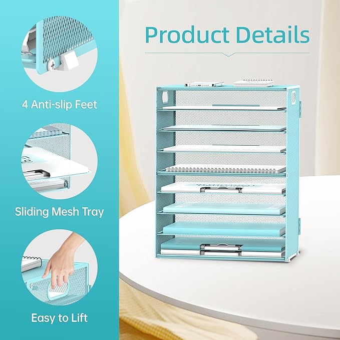 DALTACK 9-Tier Paper Organizer for Desk, Mesh Letter Tray Desk Organizer with Handles, Space-Saving File Organizer for Office Home School, Blue 2 Pack
