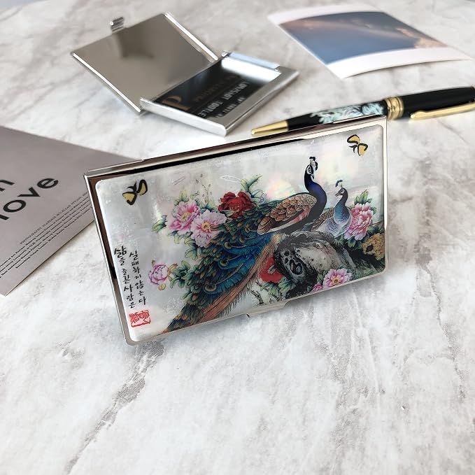 Mother of Pearl Business Card Case Credit Id Name Holder Travel Wallet Art Painting Design Metal Stainless Steel Engraved Slim Purse Pocket Cash Money Wallet (Peacock)