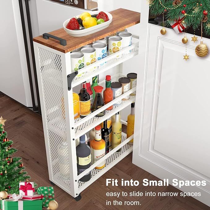 2026 New, Slim Kitchen Storage Cart, 3 Tier Metal Rolling Utility Cart Mesh Basket, Multifunction Wire Basket Shelf Trolley for Home Laundry, Bathroom, Living Room, White