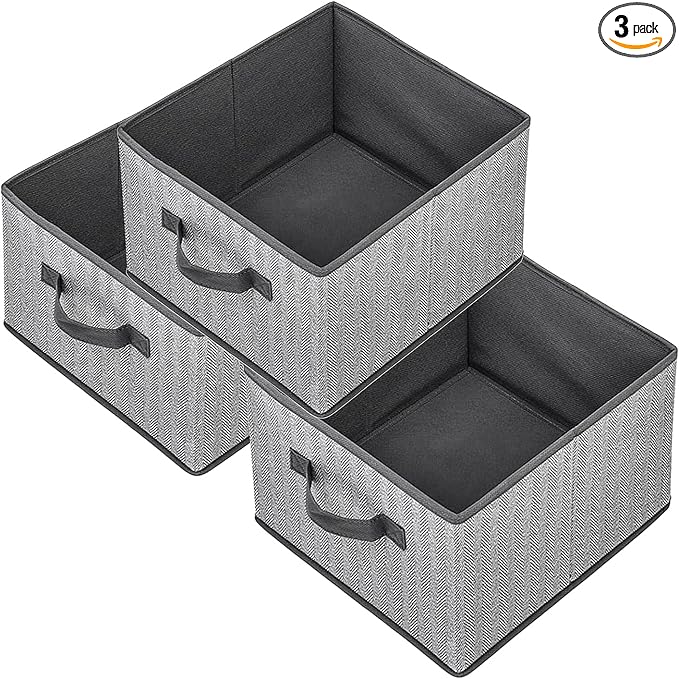 Storage Baskets, 11-Inch Woven Fabric Bins, Storage Cubes with Reinforced Handles, Organizer Bins for Closet Shelves, Foldable, for Toys, Clothes (3PCS/Grey-11*11*7.8inch)