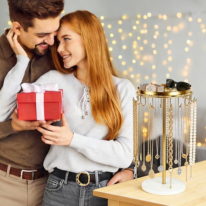 Necklace Holder Metal Jewelry Organizer Stand, Necklace Organizer Hanger with Tray & Hooks for Desk, Jewelry Holder for Necklaces Bracelets and Keychains, Elegant Home Hanging Decor - Gold
