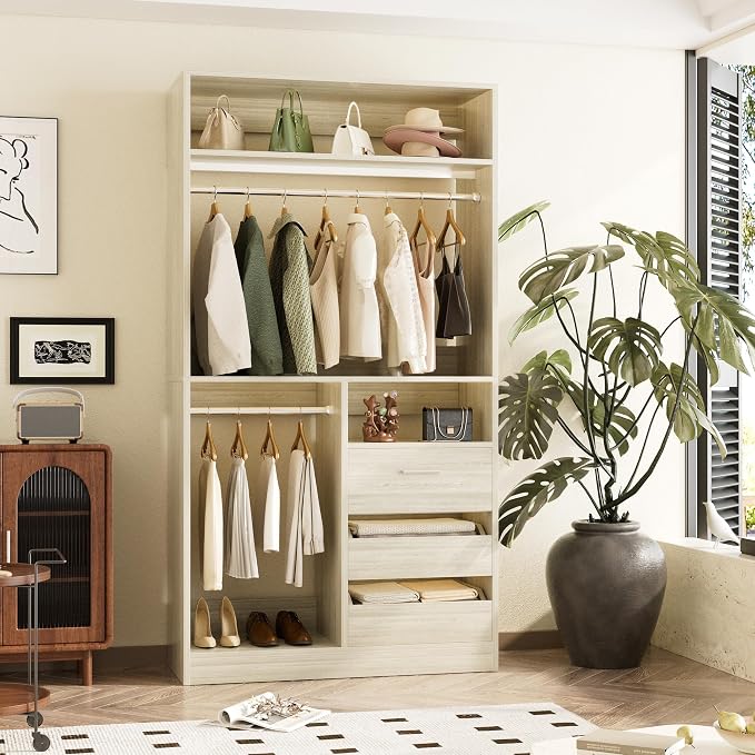 36 Inches Modular Closet Drawers System with Long Hanging Rods, 3FT Wood Closet Organiser with 3 Drawers, Walk-in Freestanding Wardrobe Storage Cabinet with 4 Shelves, White Oak (36"L x 15" W x 80" H)