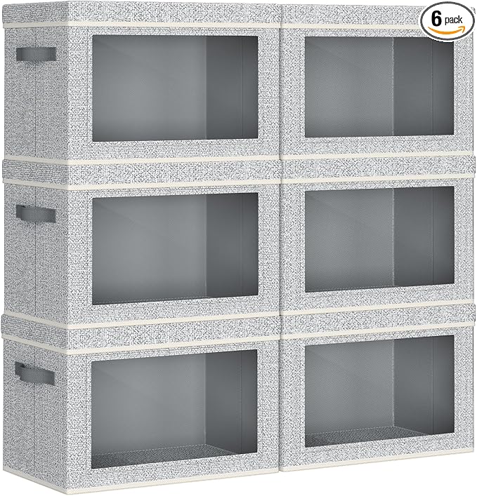 Homsorout Collapsible Storage Bins with Lids - Stackable Storage Containers with Window, 6 Pack Fabric Cube Bins for Closet, Home & Office Organization Baskets, Light Gray, 14.9" x 9.8" x 9.8"