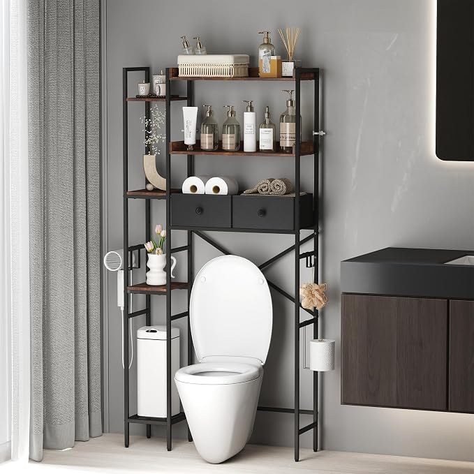 Over The Toilet Storage Rack, 7-Tier Over Toilet Bathroom Organizer with Adjustable Shelf, Above Toilet Storage with Hooks, Space-Saving, Brown Shelf