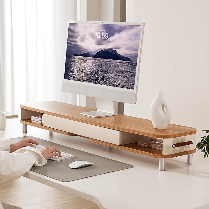 Fenge Dual Monitor Stand with Large Storage Drawer, 42.5" Dsek Shelf, Oak | Slide-Out Drawer, Ergonomic Monitor Riser, Aluminum leg, 2-Tier Desk Organizer for Laptop, TV, PC
