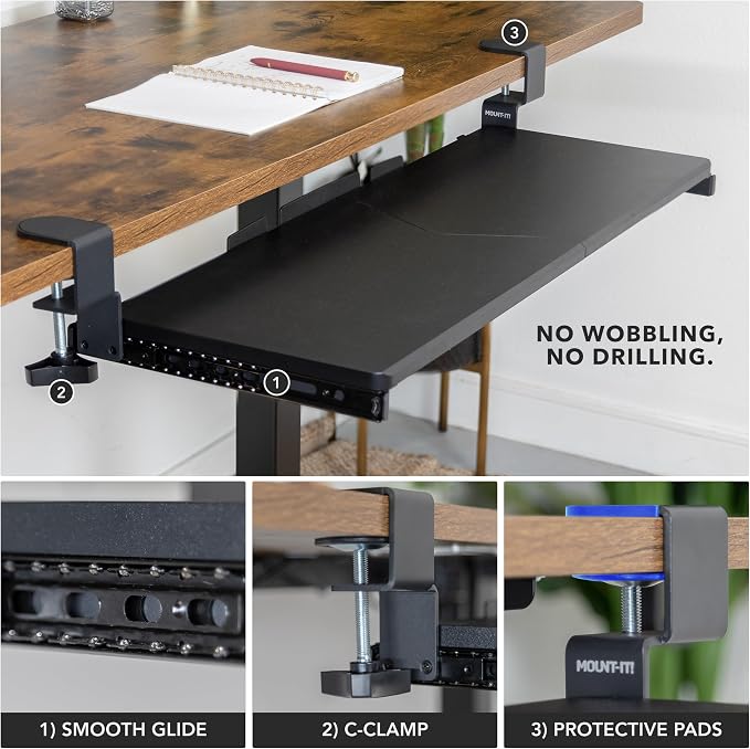 Mount-It! Keyboard Tray Under Desk, 30" (36" Including Clamps) Extra-Wide Pull Out Drawer, No-Drill C-Clamp Mount, Fits Desks 0"–1.77" Thick, Holds 11 lbs, Black
