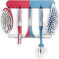 Scrub Brush Set of 6 pcs - Red or Blue Randomly Color, Cleaning Shower Scrubbers with Squeegee for Shower Glass & Adhesive Wall Hooks Including Grout Cleaner Brush for Cleaning Bathroom, Tile