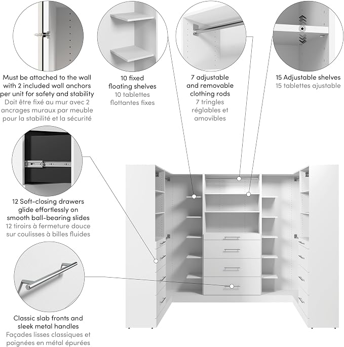 Bestar 105W x 61D Modular U-Shaped Closet Organizer System, Walk-in Closet with Rods, Shelves, and Drawers, Slab Style, Florence Collection, White