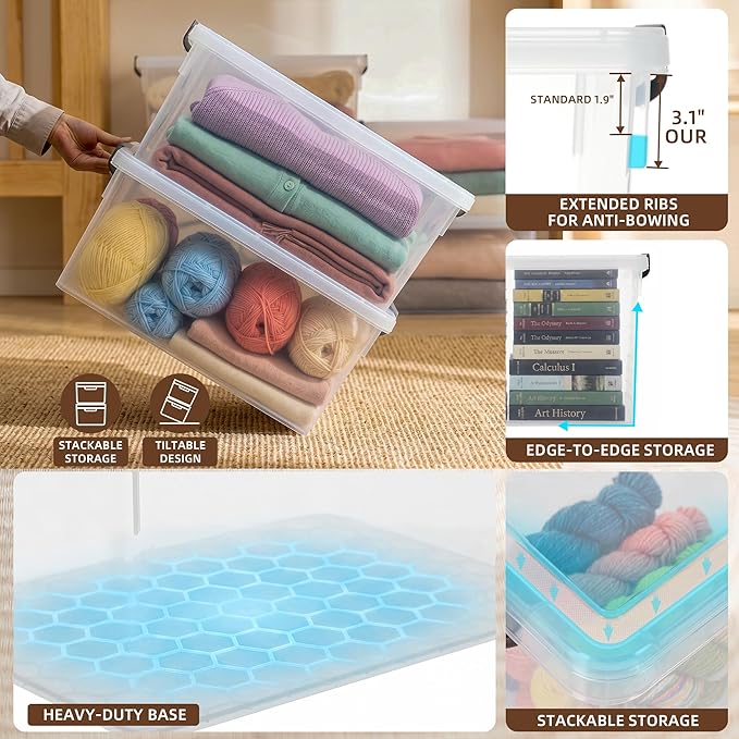 Citylife 33 Qt Ultra-Thick (3.82mm) Clear Plastic Storage Bins with Lids, 6-Pack Stackable Straight-Wall Closet Organizers with Honeycomb Base & Pinch-Free Latches for Garage, Clothes & Holiday Decor