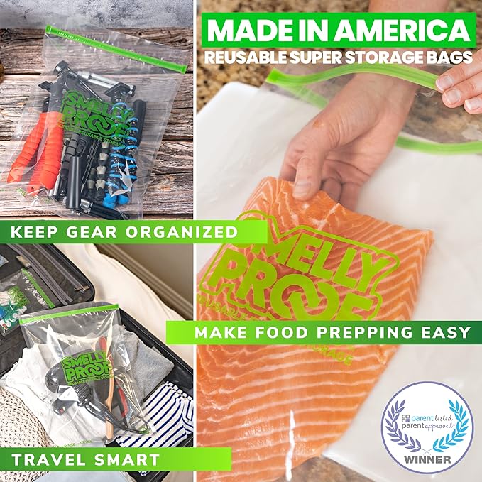 Smelly Proof Reusable Food Storage Bags, Reusable Freezer Bags, MADE IN USA, Dishwasher-Safe, BPA FREE, NO PEVA, 3-mil Thick Bags Extra Large+ Clear Flat 2-Gallon 12” x 16”, 5-Pack