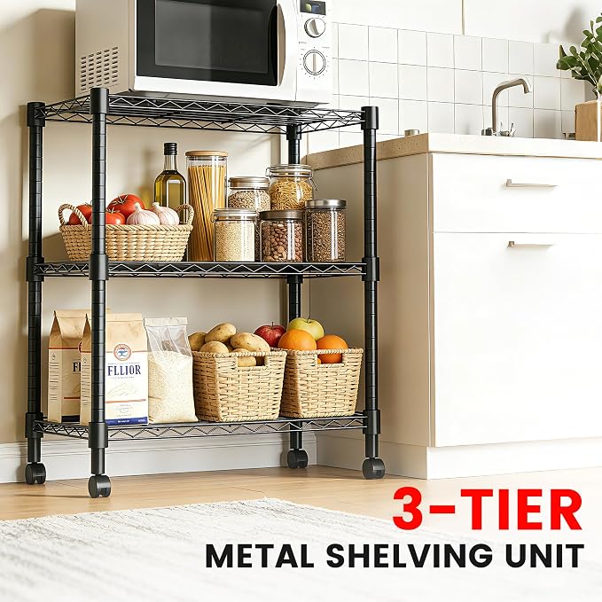 Xcity Storage Shelves, 3 Tier Heavy Duty Metal Shelving Unit with Wheels, 1050 LBS Adjustable Steel Wire Shelf for Commercial, Pantry, Kitchen, Garage, 14" D x 24" W x 30" H, Black