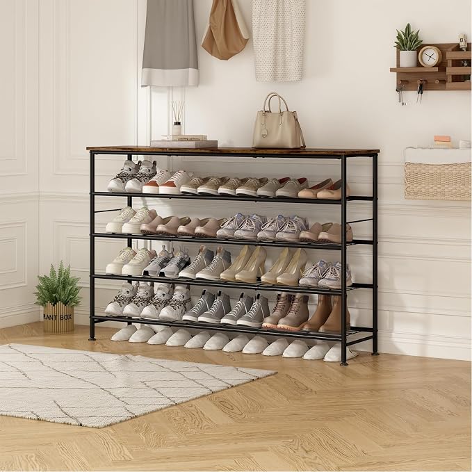 SUOERNUO Shoe Rack 5 Tier Shoe Storage Organizer Metal Mesh Shelves with MDF Top Board for Entryway, Hallway, Closet,Bedroom，Living Room (Black+Rustic Brown, Large 5 Tier)