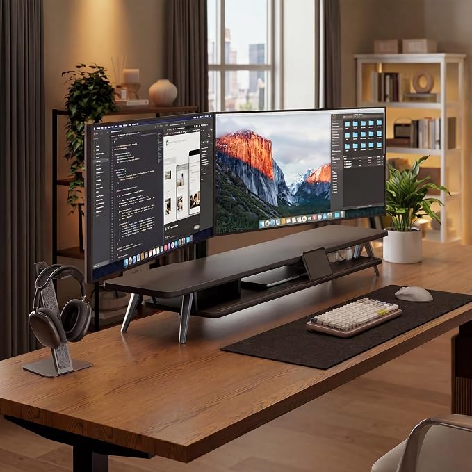 Fenge Dual Monitor Stand, Monitor Stands Riser for 2 monitors, 47.2 Inch Wood Desk Shelf with Storage Organizer and Cable Management for Office Desk Accessories