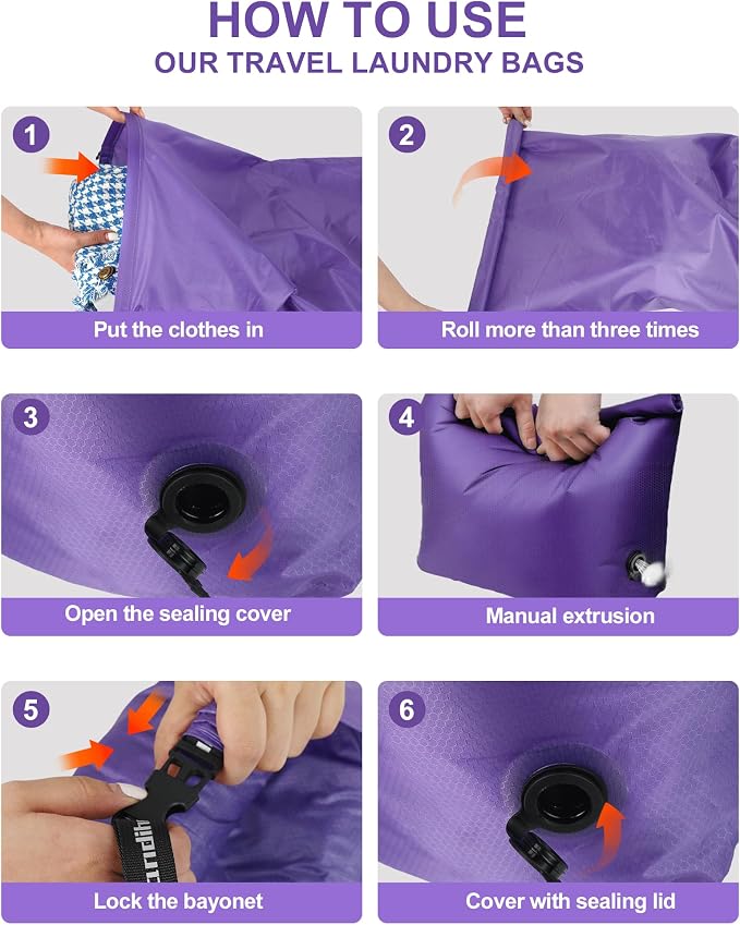 Travel Compression Laundry Bag for Dirty Clothes, Pump-Free Vacuum Space Saver Bag, Reusable Waterproof Wet Dry Bag, Travel Laundry Bag for Luggage, Packing, Suitcase (1 Pcs)（Purple, M)