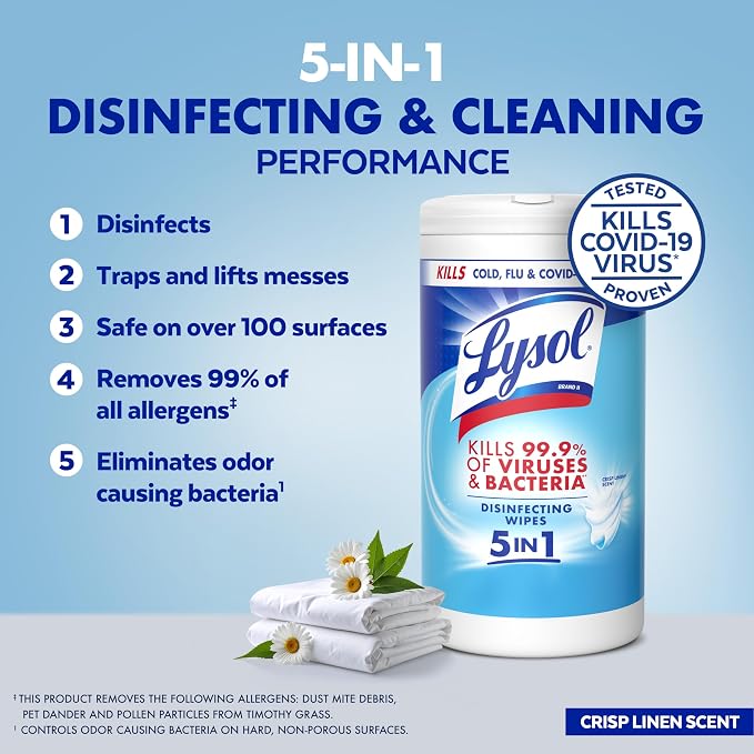 Lysol Disinfecting Wipes, Multi-Surface Cleaner, Crisp Linen, 80 ct. | All Purpose Cleaner, Sanitizing, Deodorizing, Apartment Essentials, Back To School Cleaning Supplies, Kitchen & Bathroom Wipe