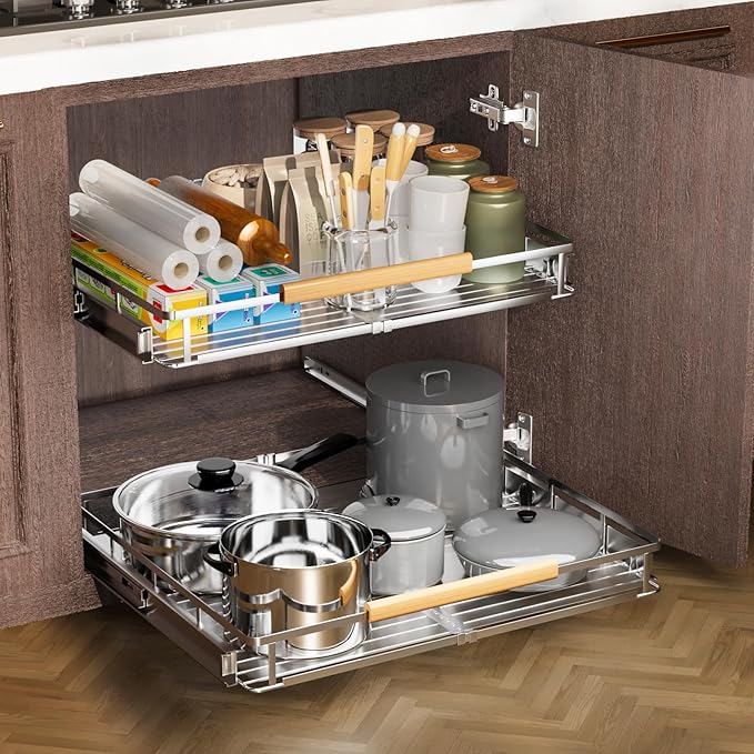 2 Pack Expandable Pull Out Cabinet Organizer，Side Mounting 12.3~18.5"x22.5"Cabinet Pull Out Shelves, Expandable Slide Out Spice Rack for Kitchen Bathroom Office