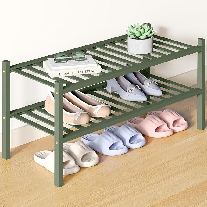Smiry Bamboo Shoe Rack for Closet, 2 Tier Wooden Shoe Organizer, Stackable Wood Shoe Storage Shelf for Entryway, 14 Vertical Slats, One-piece Heavy-Duty Legs, 26.77"x11.02"x12.99", Green