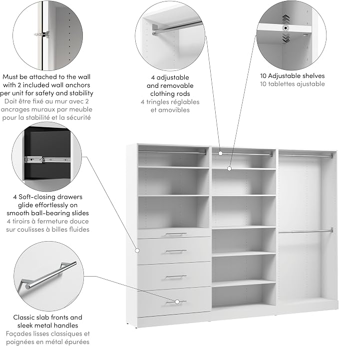 Bestar 107W x 16D Modular Closet Organizer System, Walk-in Closet with Rods, Shelves, and Drawers, Slab Style, Florence Collection, White