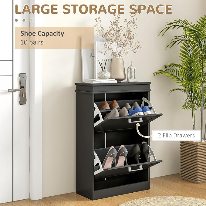 HOMCOM Narrow Shoe Cabinet with 2 Flip Drawers, Modern Freestanding Shoe Storage Cabinet with Adjustable Shelves for Entryway, Hallway, Black