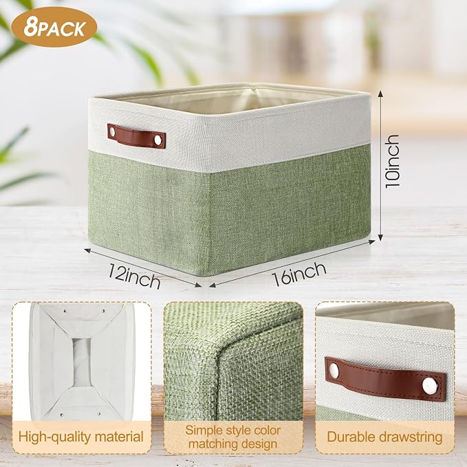 Uiifan 8 Pack 16 x 12 x 10 Inch Large Storage Baskets Collapsible Fabric Storage Cubes Bins with Handles for Shelves Closets Nursery Home Clothes Toys Organizers, Green