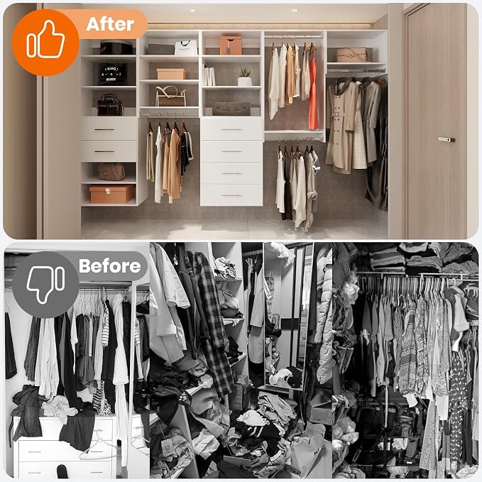 ROOMTEC Modular Closet System, 60" Wall-Mounted Closet Organizer with Hanging Rods, Modern Wooden Tower for Walk-In Closets, Wardrobe Storage Kit, White