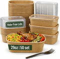 Leafiew 50 Pack 29Oz Disposable Meal Prep Containers With Lids - Microwave and Freezer Safe Kraft Paper Bowls with Lids and Forks - Disposable Food Containers - To Go Bowls for Food Prep and Salad