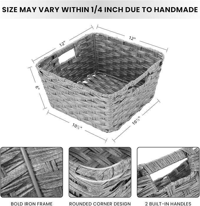 2-Pack Plastic Wicker Storage Baskets for Bathroom, 12"x12"x6", Grey | Versatile woven storage bins for shelves, toilet paper, closet, and home organizing – stackable, durable.