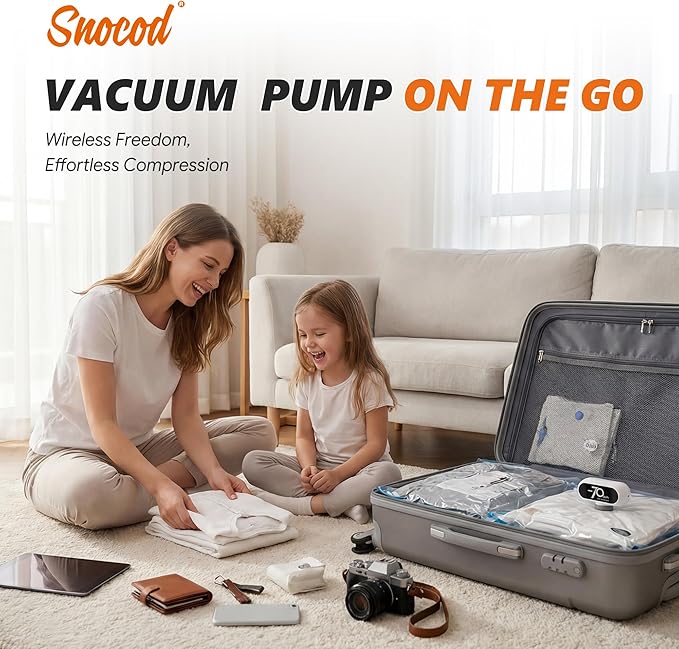 Travel Vacuum Bags with Wireless Pump, 15 Pack Vacuum Storage Bags with Powerful -70KPa Suction, for Maximum Compression in Luggage, Travel and Home Use for Clothes and Blankets.