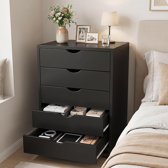 5 Drawer File Cabinet with Wheels, Under Desk Storage Drawers, Black | 5 Drawers File Cabinet with Wheels for Under Desk Storage, Office Organization and Small Printer Stand