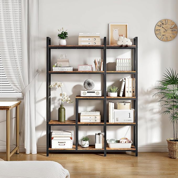 CHOEZON Corner Bookshelf, 5-Tier L-Shaped Bookcase, Corner Shelf with Metal Frame, Industrial Tall Display Shelf, for Living Room, Home Office, Bedroom, Rustic Brown TSJ12BF
