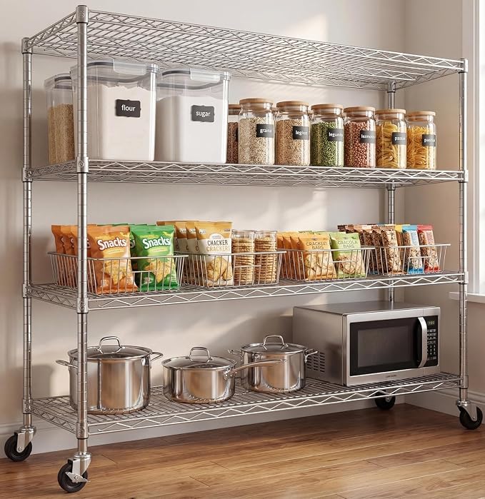 55.5" W x 24" D x 76" H Storage Shelves Heavy Duty with Wheels 4 Tier Adjustable Wire Garage Shelving Rolling Metal Organizer Shelf Utility Rack for Commercial Warehouse,Kitchen Chrome