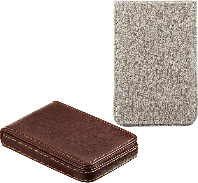 Outus 2 Pieces Business Card Holder, PU Leather Business Card Case Pocket Wallet with Magnetic Shut for Christmas Gift Men Women(Coffee and Gray,Classic)