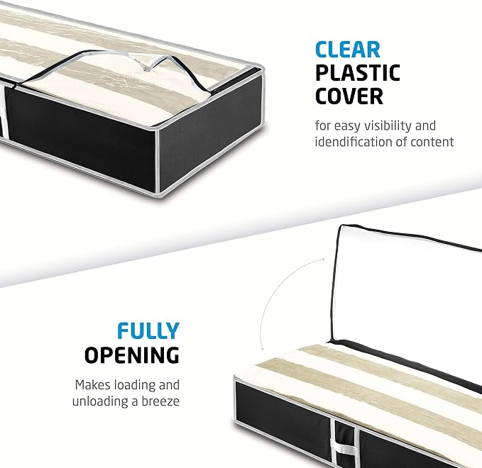 Zober Under Bed Storage - Pack of 2 Storage Containers for Clothes, Blankets, Winter Clothing, & Shoes - With Handles, Dual Zippers, & Clear Top (Black)