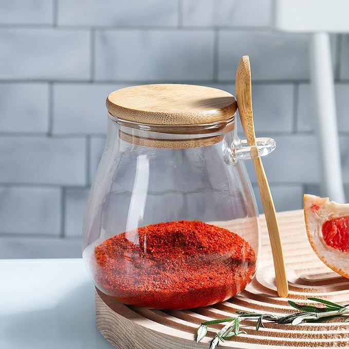 Joeyan Glass Jar with Airtight Bamboo Lid and Spoon Attached, 12 oz Salt Sugar Spice Seasoning Container, Clear Condiment Pot, Glass Food Storage Canister for Kitchen Countertop Pantry