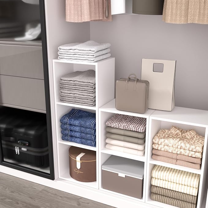 Wooden 3 Cube Storage Organizer, 3 Tier Storage Cubes Storage Display Cubby, Freestanding DIY Closet Shelving Unit for Living Room Bedroom Office (White, 3 Cube-W(11.8inch)