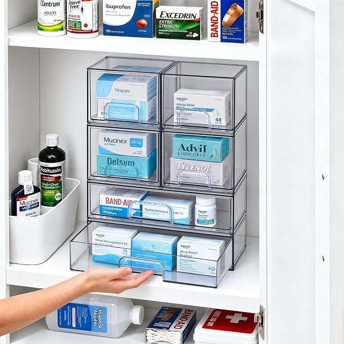 TIPGO Clear Stackable Storage Drawers, Acrylic Bathroom Makeup Organizer, Plastic Bins for Art Tool & Sketch, Sturdy and Durable Containers for Countertop, Cabinet, Vanity, Pantry Organization