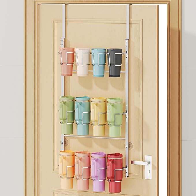 SWTYMIKI 3-Tier Water Bottle Organizer – Over the Door Stanley Cup Holder, Cup Organizer for Door or Wall Mount Option, Stanley Accessories for Pantry, Dorm, Office, RV Use, Silver