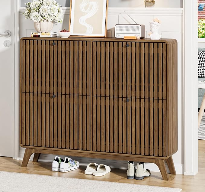 Jluomei Large Shoe Cabinet for Entryway, Bamboo Narrow Shoe Cabinet Storage with 4 Flip Drawers, Slim Fluted Shoe Rack Organizer for Entry Way, Hallway, Thin, Skinny, Wood, Walnut
