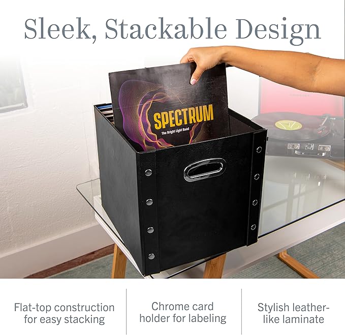 Vinyl Record Storage Box - 12" - 1 Pack- Crate Holds up to 75 Vinyl Albums - Black