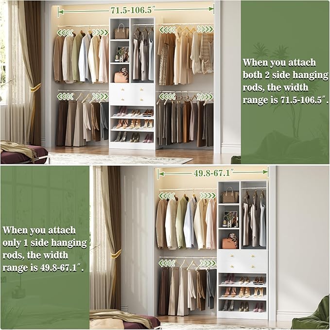 Besiost Closet System, 4.2–8.8 FT Closet Organizer with 2 Wooden Drawers and Shelves, Walk-in Closet System with Hanging Rods, Built-in Closet Tower, Can Fit 60 to 96 inch, White