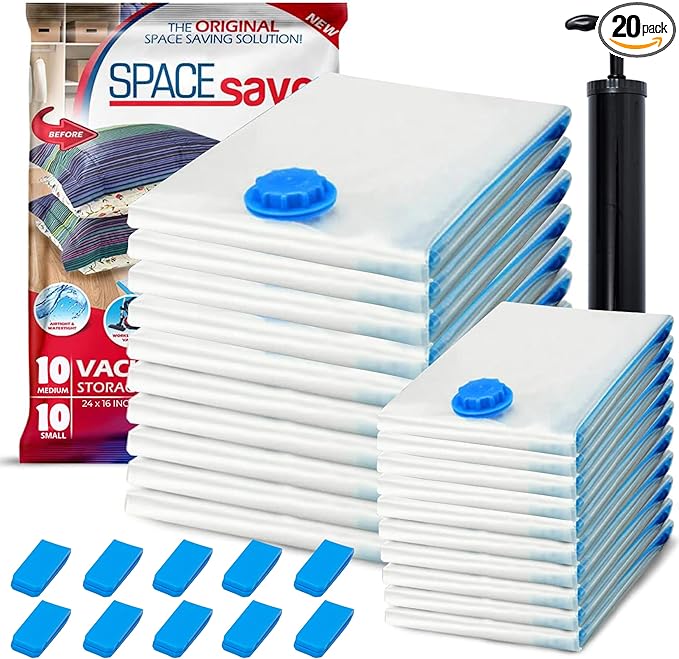 20 Pack Variety Vacuum Storage Bags for Comforters, Blankets & Clothes – Vacuum Sealed Compression Bags with Hand Pump – Space Saver Storage Bags for Bedding, Moving, Travel & Organization (10S & 10M)